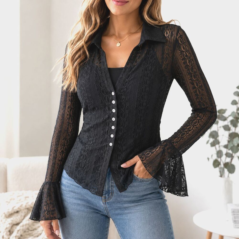New York & Company Stretch Black Lace Bell Sleeve Button Front Blouse Size S